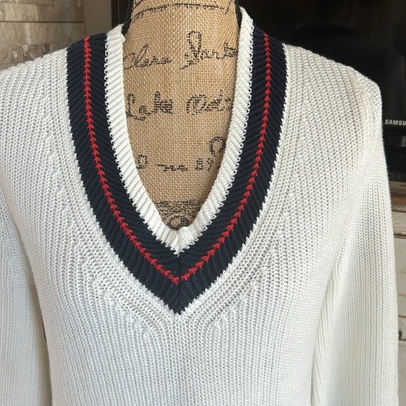 Cabi Ace pullover cream knit vneck sweater bell sleeve red blue stripe side slit - Picture 4 of 16